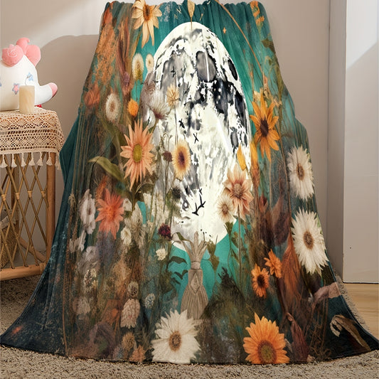 Floral and Moon Print Blanket: Stay Cozy and Stylish with this Soft and Warm Flannel Throw Blanket for Couch, Sofa, Office, Bed, Camping, and Travelling