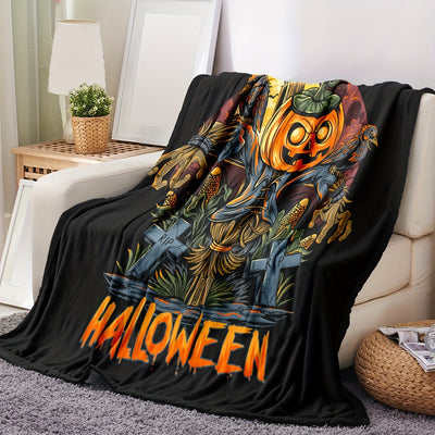 Halloween Pumpkin Theme Flannel Blanket: Cozy up with Cartoon Pumpkins, Scarecrows, and Crows - Perfect for Home Decor, Couch, Office, Bed, Camping, and Travel!