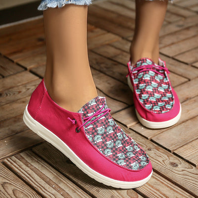 Playful Prints: Women's Cartoon-Printed Flat Loafers - Colorblock Lace-Up Slip-On Shoes for Fashionable Footwear