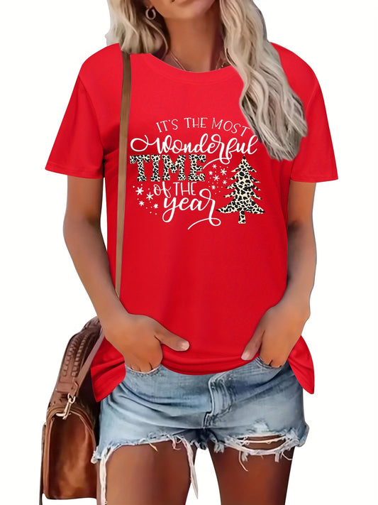 This Leopard Christmas Tree and Letter Print T-Shirt features a stylish and casual design for Spring/Summer women's clothing. Crafted from breathable, lightweight fabric, this top is a comfortable and timeless addition to any wardrobe. Perfect for any occasion, the print adds a subtle pop of color and style.