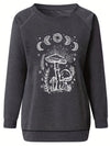 Mushroom adn Moon Print Sweatshirt, Long Sleeve Crew Neck Pullover Sweatshirt, Casual Tops For Fall & Winter, Women's Clothing