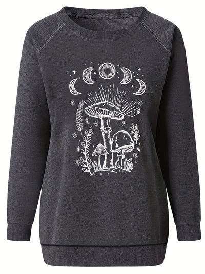 Mushroom adn Moon Print Sweatshirt, Long Sleeve Crew Neck Pullover Sweatshirt, Casual Tops For Fall & Winter, Women's Clothing