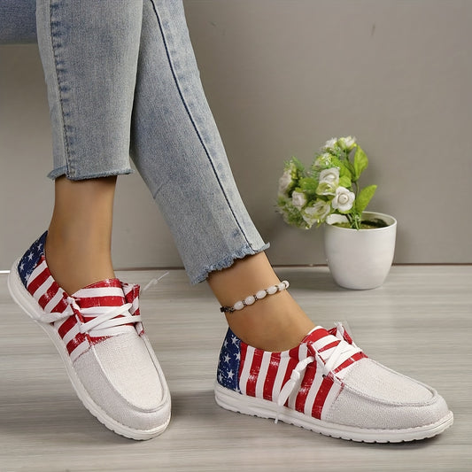 These Trendy Star & US Flag Pattern Women's Canvas Shoes are designed for comfort, durability, and style. The non-slip lace up flats feature a trendy star and US flag pattern and are crafted for long-lasting comfort. Enjoy the look of stylish loafers, with the non-slip protection you need.