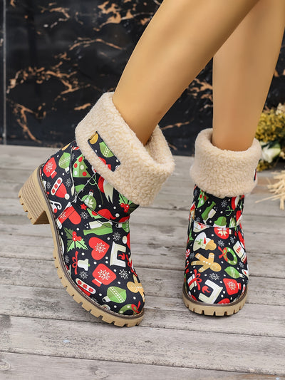 Winter Wonderland: Women's Christmas Style Snow Boots - Cozy Plush Lined Slip-On Short Boots for Thermal Outdoor Comfort