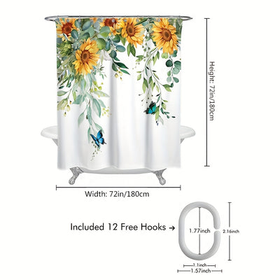 Transform Your Bathroom with our Sunflower Pattern Shower Curtain: Waterproof, Mildew-Proof, and Stylish Polyester Bath Curtain with 12 Hooks