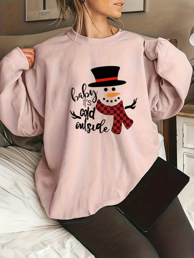 Snowman Delight: Women's Plus Size Christmas Casual Sweatshirt with Black Hat Snowman Print