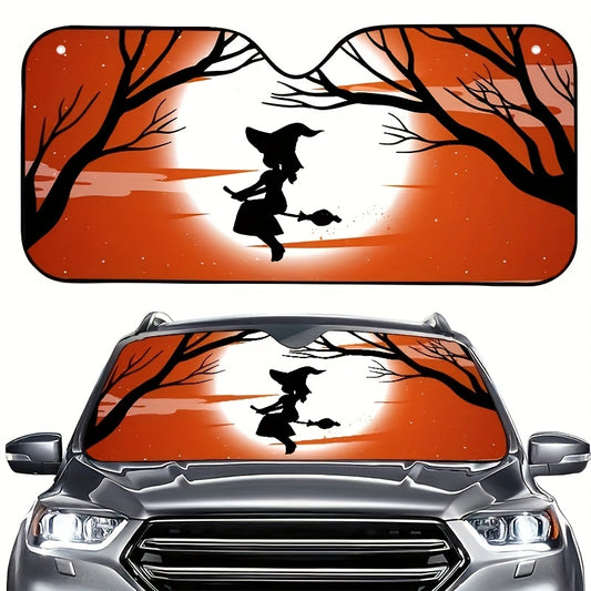 Halloween Broom Witch Printed Folding Windshield Sunshade: Protect Your Car From UV Rays in Style!