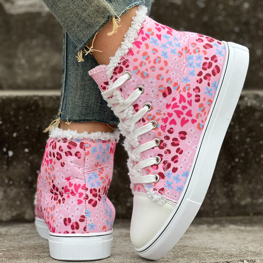 Warm and Stylish Women's Floral Print Plush Shoes: Lace Up and Cozy for Winter