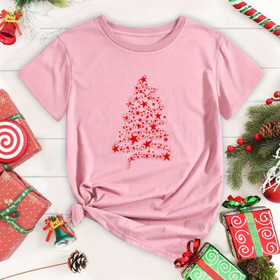 Stylish and Festive: Trendy Plus Size Christmas Casual T-Shirt for Women - Tree Print Short Sleeve Round Neck Tee