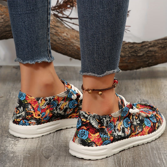 Skull and Rose Pattern Canvas Shoes: Halloween Low-Top Slip-On Sneakers for Casual Walking and Flat Loafers