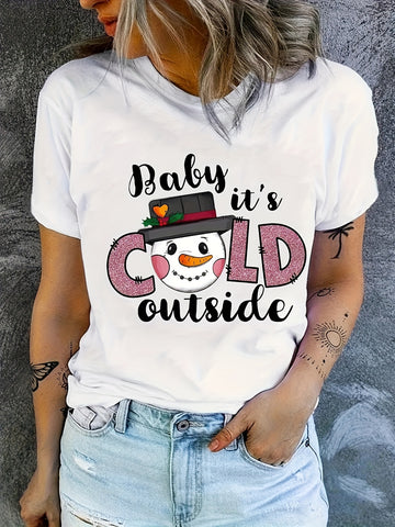 Frosty Delight: Snowman Letter Print T-Shirt – A Casual and Stylish Addition to Women's Clothing