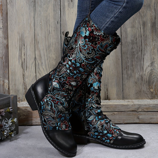 Step into style and comfort with this pair of women's floral-pattern trendy boots. Featuring a comfy platform, lace-up closure, and side zipper, this is the perfect shoe for winter. The elegant flower pattern gives a stylish touch.