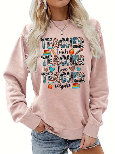 Women's Colors Teacher Letter Print Sweatshirt - Comfortable and Stylish Long Sleeve Crew Neck Sweatshirt for Spring and Fall