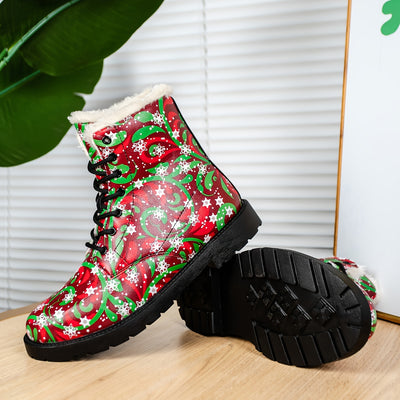 Winter Wonderland: Women's Christmas Elements Pattern Boots - Fashionable Lace-Up Combat Boots