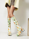 Fashionable Women's Flower Pattern Chunky Heel Boots: Stylish Slip-On Knee-High Boots with Square Toe Design