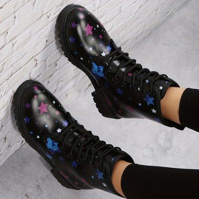 Stylish Starry Nights: Women's Lace-Up Ankle Boots - Comfortable, Trendy, and Non-Slip!