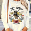 Stylish Floral Bee Print Plus Size Casual T-Shirt: Trendy Long Sleeve Round Neck Top with Slight Stretch