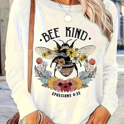 Stylish Floral Bee Print Plus Size Casual T-Shirt: Trendy Long Sleeve Round Neck Top with Slight Stretch