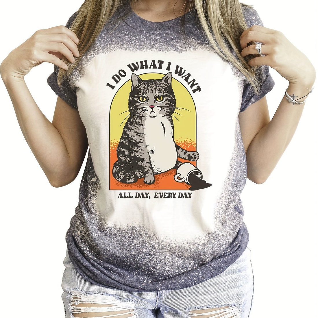 Add this must-have casual top to your spring/summer wardrobe! Featuring a cute cat letter print and a comfortable crew neck, this shirt is perfect for any casual occasion. Stay on trend with this stylish and comfortable addition to your wardrobe.