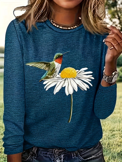 Whimsical Bird and Flower Print Crew Neck T-Shirt: A Perfect Casual Long Sleeve for Spring-Fall