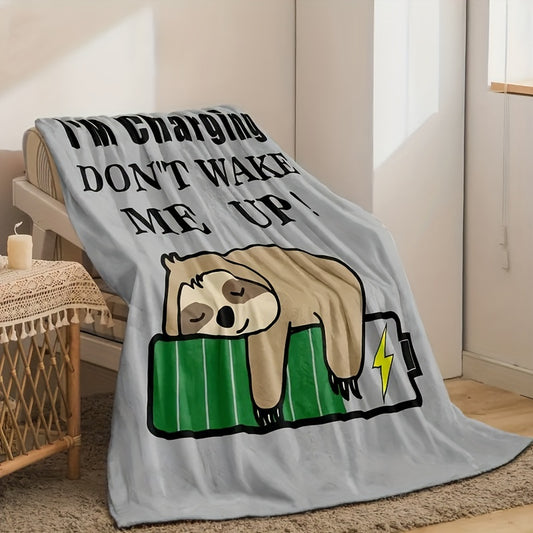 Soft and Warm Sloth and I'm Charging Letter Pattern Flannel Blanket for All Seasons - Soft and Soothing Throw for Comfortable Sleep and Relaxation