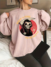 Darkly Stylish: Women's Plus Size Halloween Grim Reaper Sweatshirt with Slogan Print