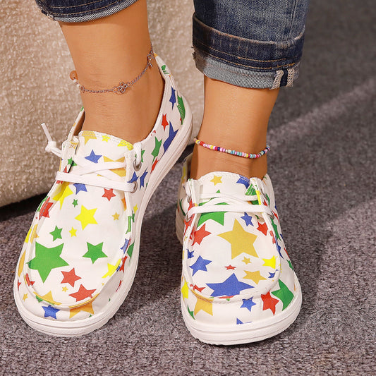 Unleash your fashion-forward style with our Stylish and Comfortable Women's Colored Star-Printed Loafers. Made with casual canvas, these shoes are designed for fashionable walking. With the colorful star-printed design, you'll add a unique touch to any outfit while staying comfortable all day long.