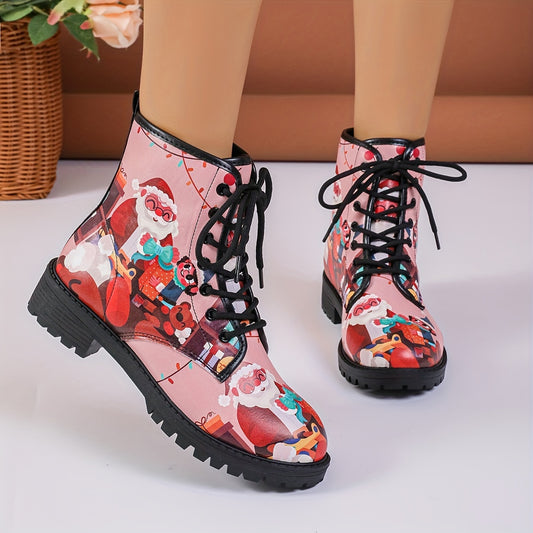 These cute, festive combat boots feature a Santa Claus pattern and lace-up style. Crafted from premium materials, these boots provide both comfort and durability. Show your Christmas spirit with these stylish and fashionable boots.