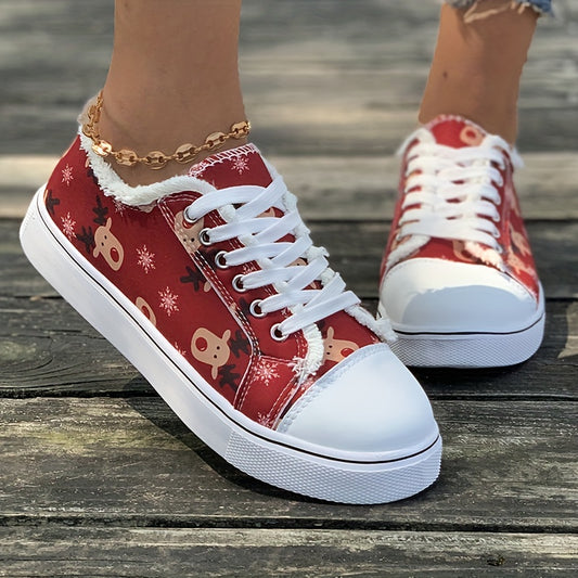 Add a festive flair to your look with these stylish reindeer pattern sneakers. The trendy raw trim canvas shoes provide casual comfort and a unique touch of holiday cheer. Perfect for any occasion, these shoes are sure to turn heads.