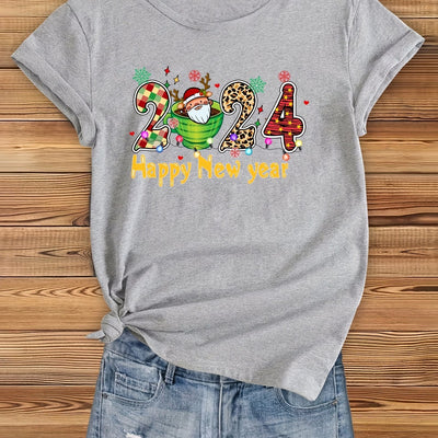 A Fun and Stylish 2024 New Year Print Crew Neck T-Shirt: Casual Short Sleeve Top for Spring/Summer - Women's Clothing