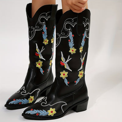 Retro Floral Embroidered Women's Western Mid-Calf Boots: Stylish and Chunky-Heeled Cowgirl Boots with a Pointed Toe and V-Cut Design