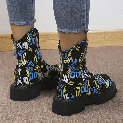 Expressing Vibrancy: Women's Colorful Graffiti Boots - Back Zipper Slip-On Round Toe Non-Slip Velvet Warm Comfy Shoes - Versatile Casual Shoes