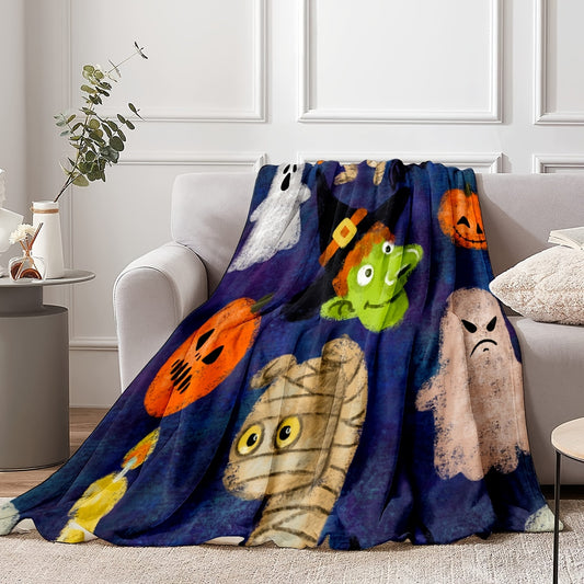 Spooky Fun: Halloween Themed Cartoon Ghost, Pumpkin, and Mummy Print Flannel Blanket - Multipurpose, Soft, and Warm for Couch, Sofa, Office, Bed, Camping, and Travel - Perfect Gift Blanket for All Seasons