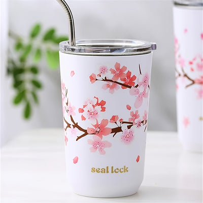 Cherry Blossom Pattern Tumbler - Anti-Slip 304 Stainless Steel Insulated Cup with Straw for Milk Tea, Coffee, and Water