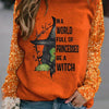 Women's Cartoon Witch & Letter Print Long Sleeve Round Neck Slight Stretch T-shirt, Plus size Halloween T-shirt, Women's Clothing