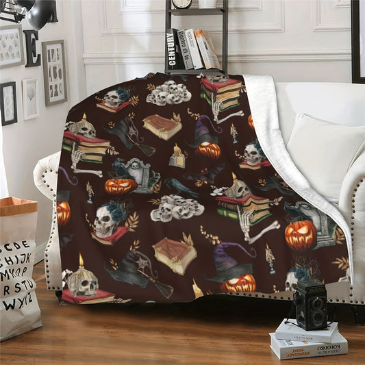 Vintage Halloween Horror Flannel Throw Blanket - Skull, Pumpkin, and Book Print Design