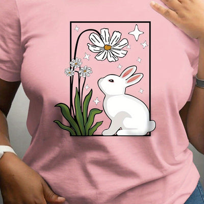Flower Rabbit and Star Print Crew Neck Plus Size Casual T-Shirt for Women: Comfortable and Stylish!
