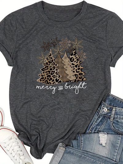 Leopard Tree and Letter Print T-Shirt: Casual Style for Spring/Summer Women's Clothing Collection