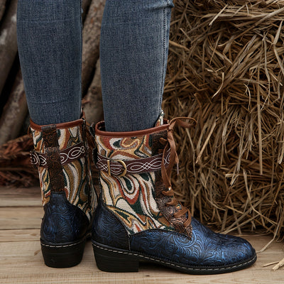 Step Out in Style with Women's Floral Pattern Colorblock Boots: Trendy Side Zipper Platform Chelsea Boots for a Chic Dress Boot Look