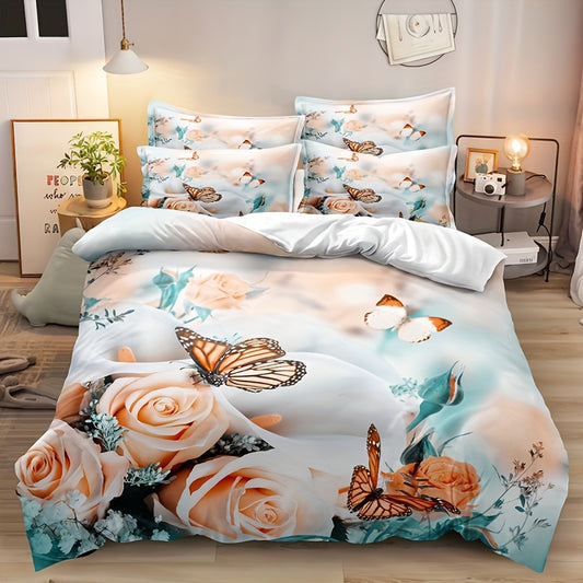 Add a touch of elegance to your bedroom with the Floral Elegance 3-Piece Botanical Duvet Cover Set. This set includes 1 duvet cover and 2 pillowcases featuring a beautiful rose flower and butterfly print, perfect for any bedroom décor. Enjoy the luxurious comfort of 100% polyester microfiber that is designed to resist wrinkles and provide long-lasting durability.