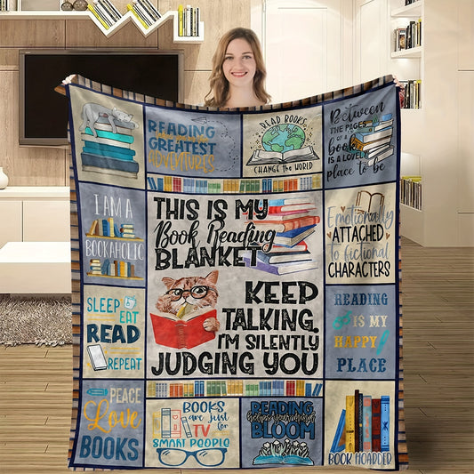 Snuggle Up with Cartoon Kitty Bookshelf Reading Blanket - Perfect Gift for Bed, Couch, Sofa, Travel, Camping!