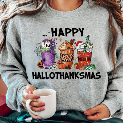 Festive Fusion: Happy Hallothanksmas Print Sweatshirt - A Fun and Cozy Addition to Your Wardrobe!