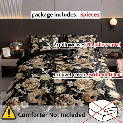 White Flower Skull Digital Print Duvet Cover Set: Elegant and Comfortable Bedding for Modern Bedrooms(1*Duvet Cover + 2*Pillowcases, Without Core)