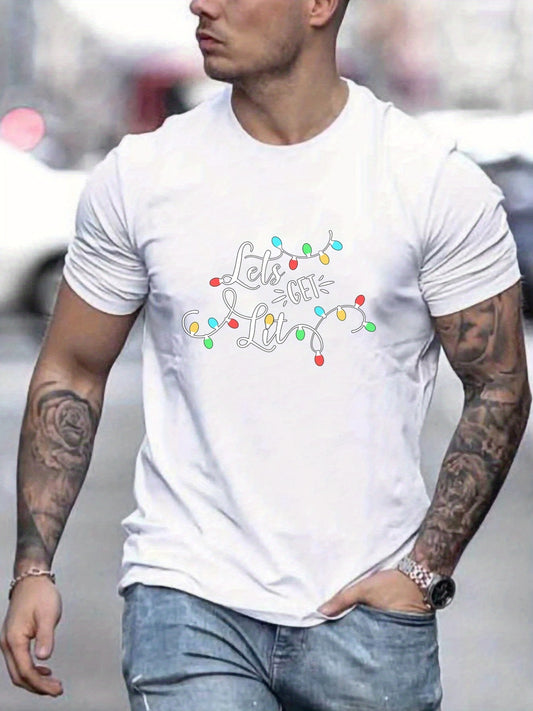 Elevate your holiday style with our Let's Get Lit Men's Summer T-Shirt. Made with breathable fabric, this festive graphic tee is perfect for Christmas and gifting. Show off your holiday spirit in a trendy and comfortable way.