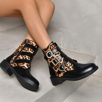 Wild and Cosy: Women's Leopard Print Slip-On Boots with Side Zipper and Non-Slip Platform