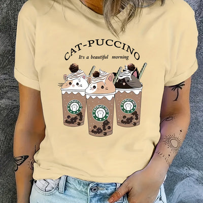 Adorable Feline Delight: Sweet Cat Drinking Print T-Shirt - A Cute and Comfy Addition to Women's Clothing Collection