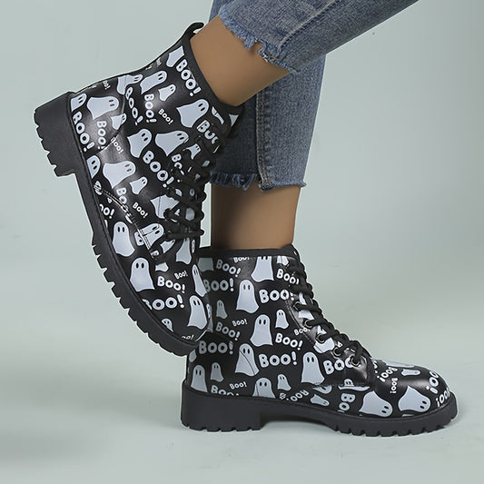 Take your Halloween style up a notch with these Women's Ghost Print Combat Boots. Combining spooky style with comfort, these boots feature reliable slip-resistant soles, cushioned insoles, and durable uppers. Get ready to impress - even when you're not dressed as a ghost!
