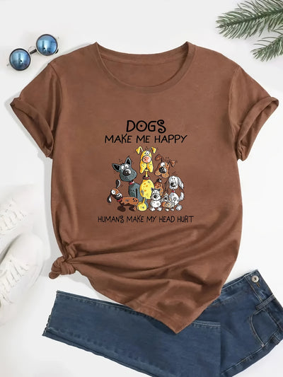 Casual and Trendy: Cartoon Dog Print Crew Neck T-Shirt for Fashionable Summer Looks