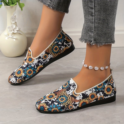 Stylish and Comfy Women's Sunflower Cow Print Flats: Casual Flax Sole Slip-on Shoes for Everyday Elegance