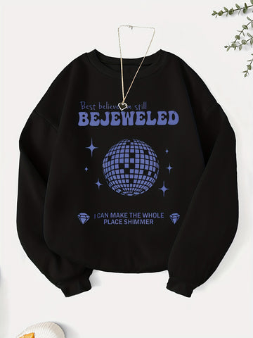 Add a touch of glamour to your wardrobe with our Glamorous Geometric Infusion sweatshirt for women. This eye-catching piece features a stunning bejeweled-letter graphic print that is sure to make a statement. Made with high-quality materials, this sweatshirt offers both style and comfort. Elevate your wardrobe with this must-have piece.